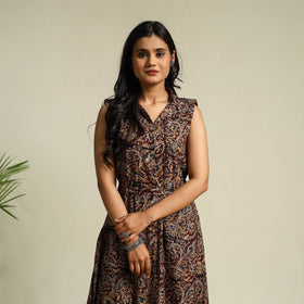 Brown Block Print Cotton Button Down Kalamkari Dress