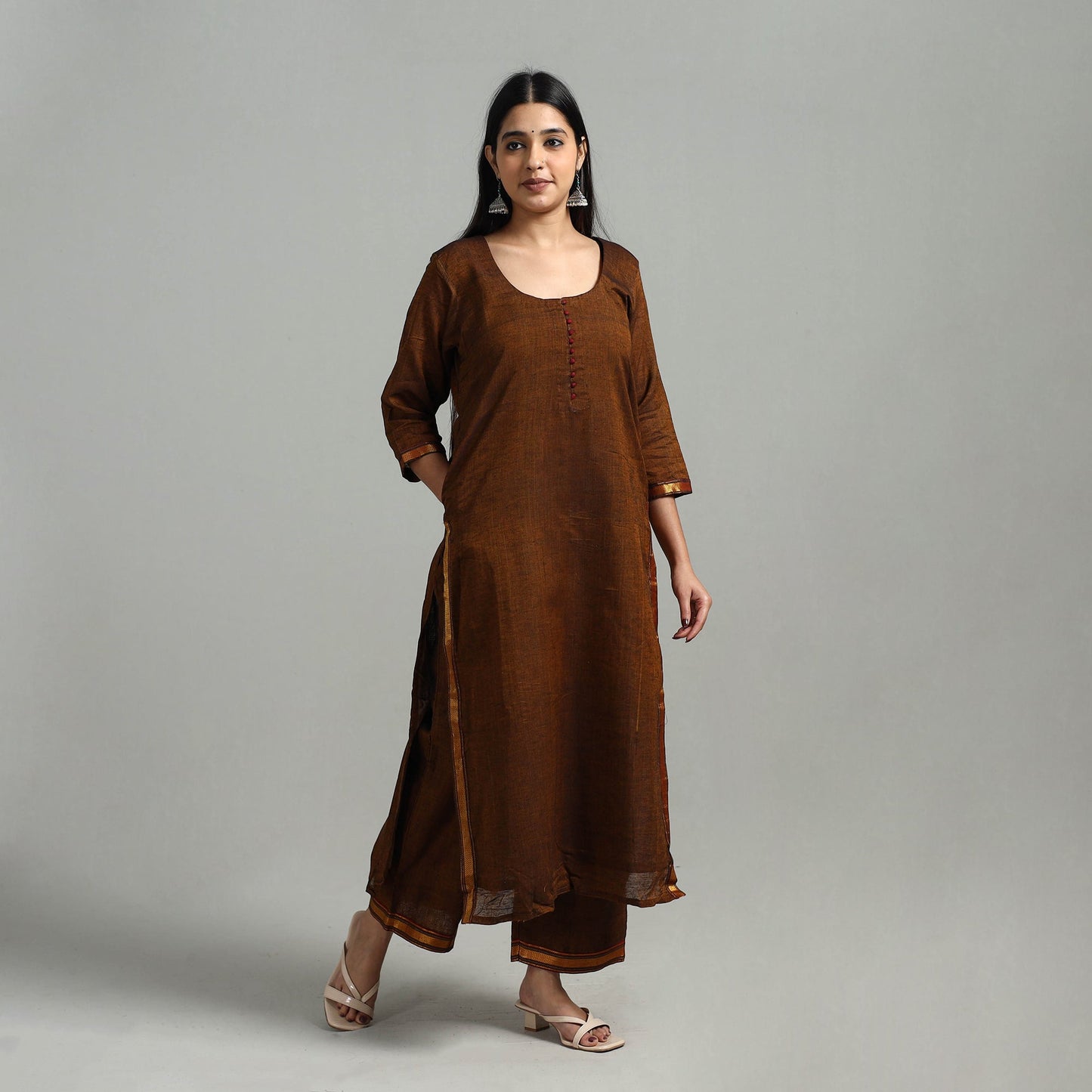  Cotton Brown Dharwad Kurta Set with Palazzo & Dupatta
