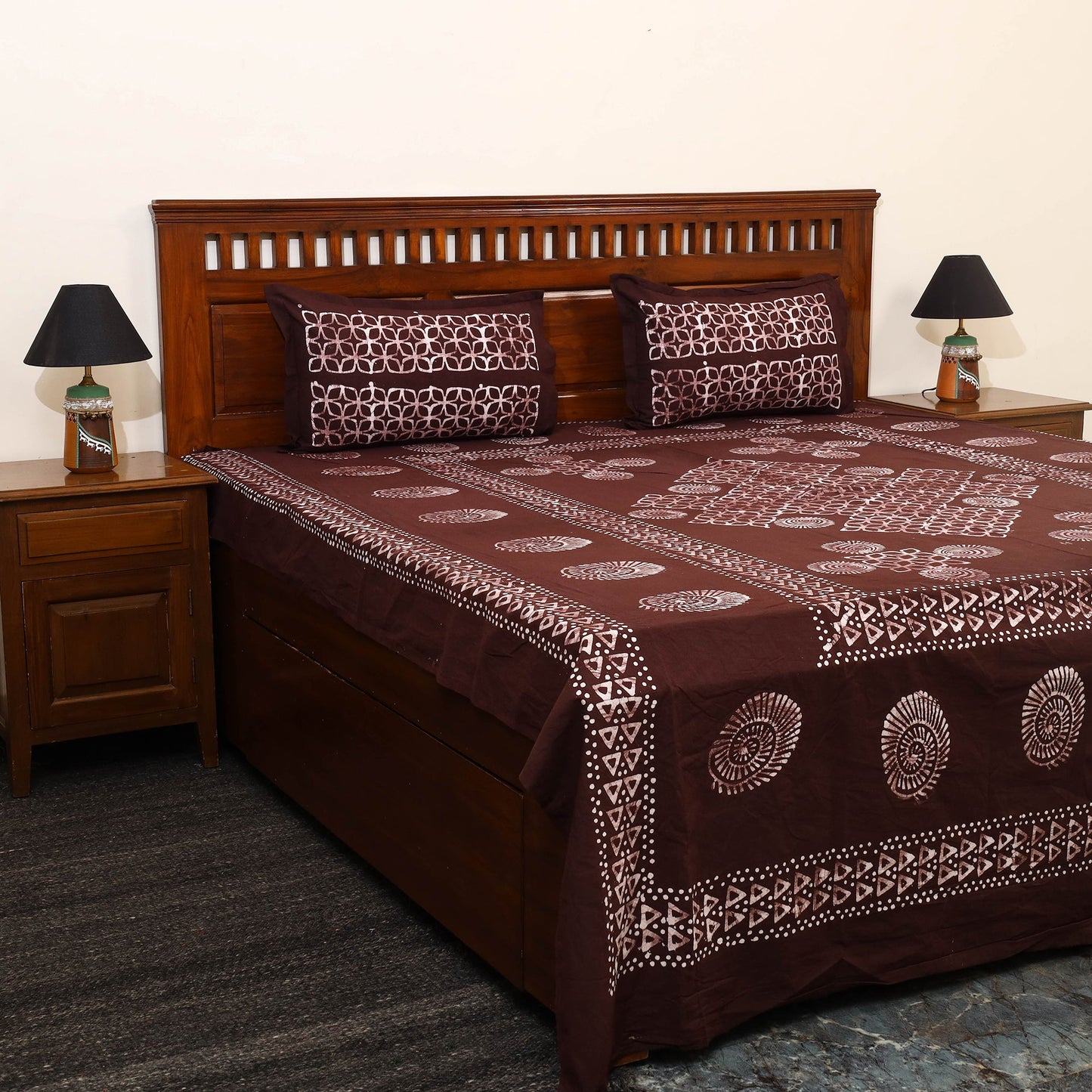  Brown Cotton Double Hand Batik Print Bed Sheet Set