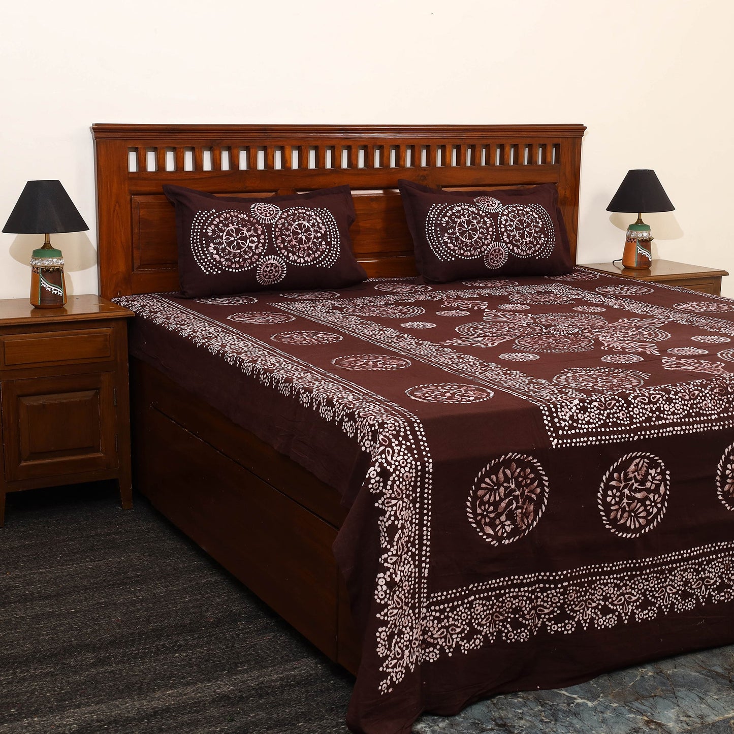 Brown - cotton double hand batik bed sheet set 10