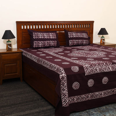  Brown Cotton Double Hand Batik Print Bed Sheet Set