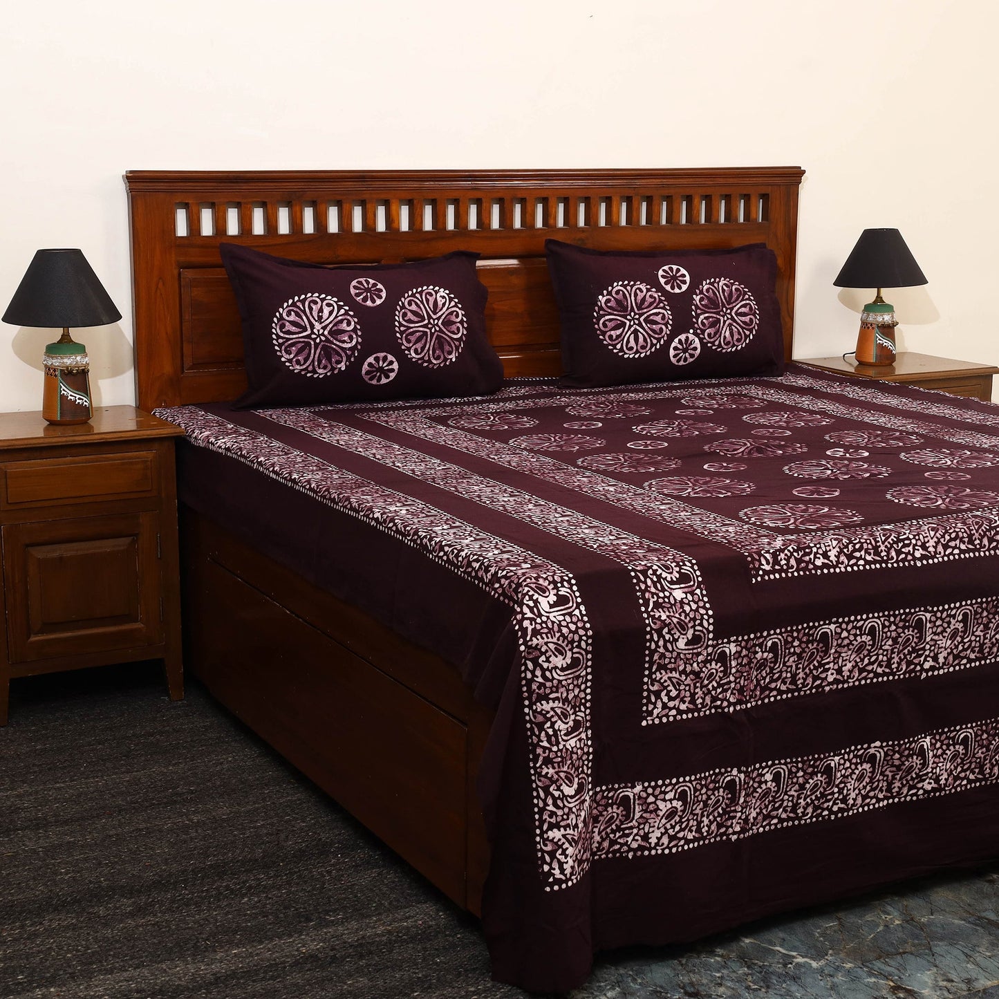 Buy Brown Cotton Double Hand Batik Print Bed Sheet Set
