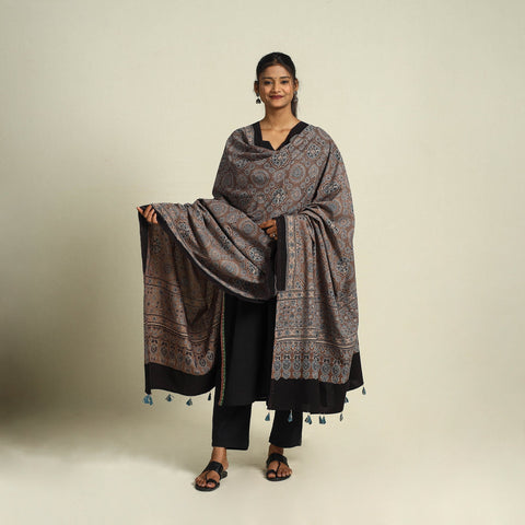Buy Brown Block Print Cotton Ajrakh Dupatta With Tassels