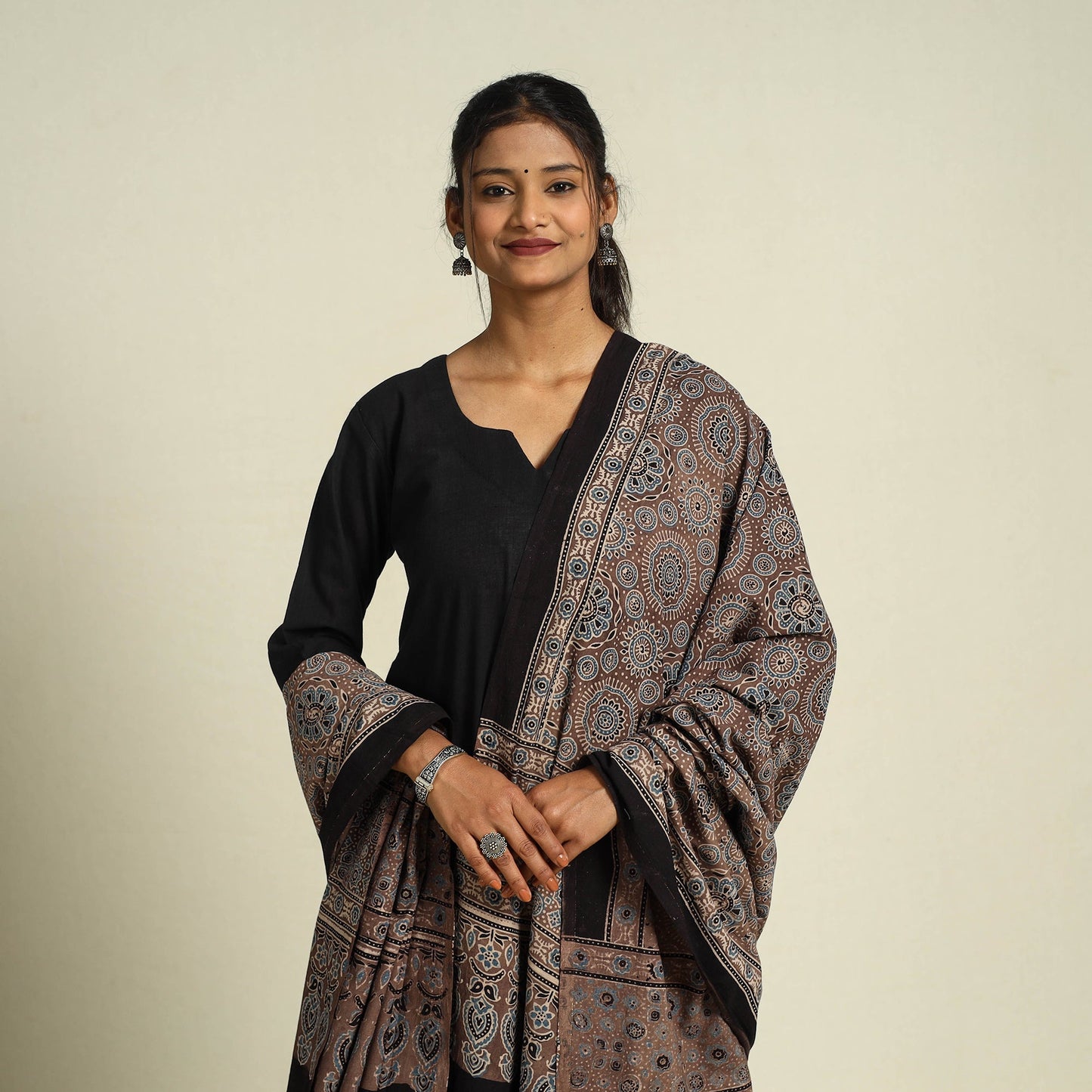 Buy Brown Block Print Cotton Ajrakh Dupatta With Tassels