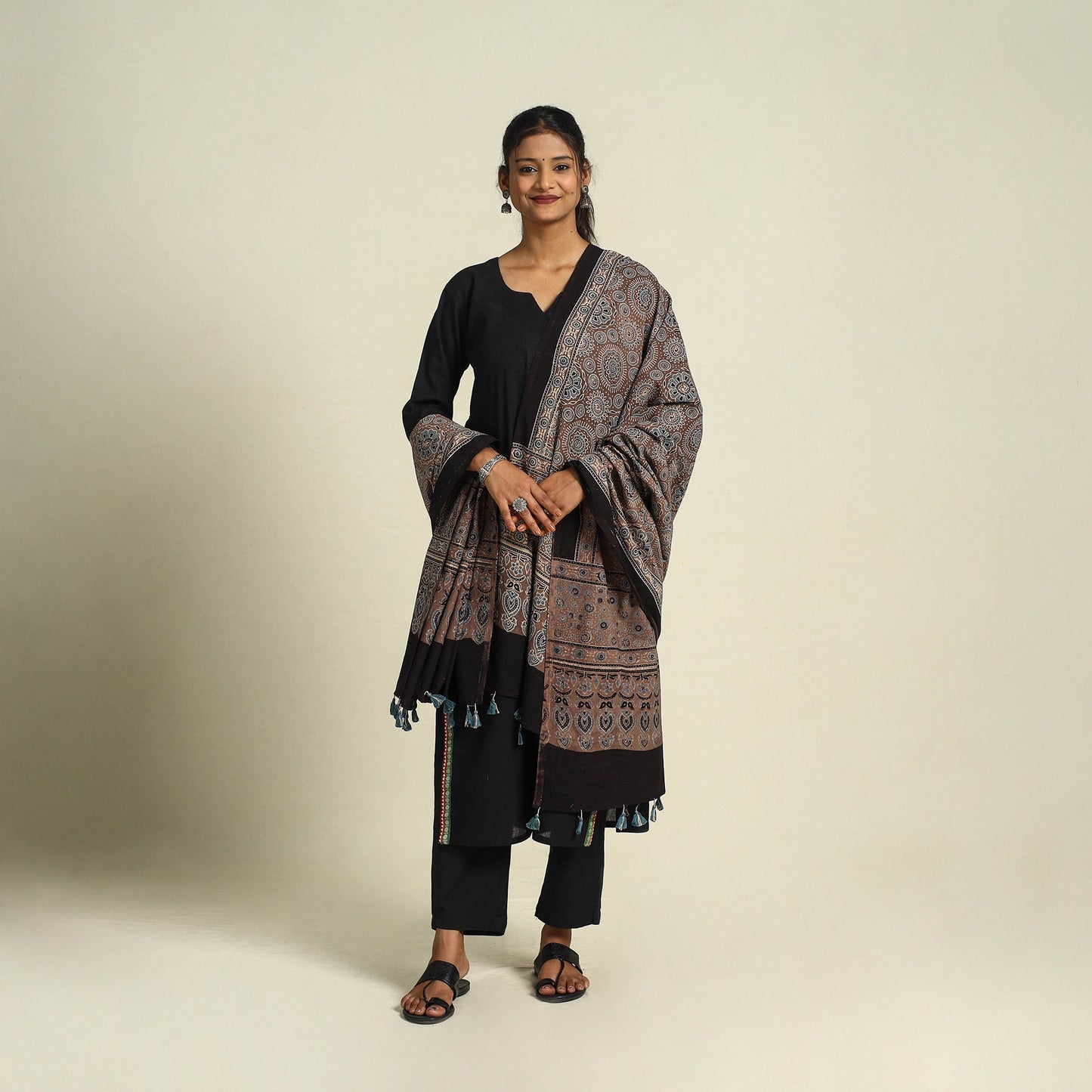 Buy Brown Block Print Cotton Ajrakh Dupatta With Tassels