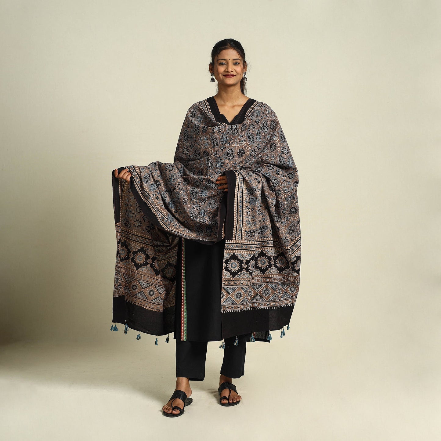Brown - cotton dupatta with tassels 12 - handcrafted