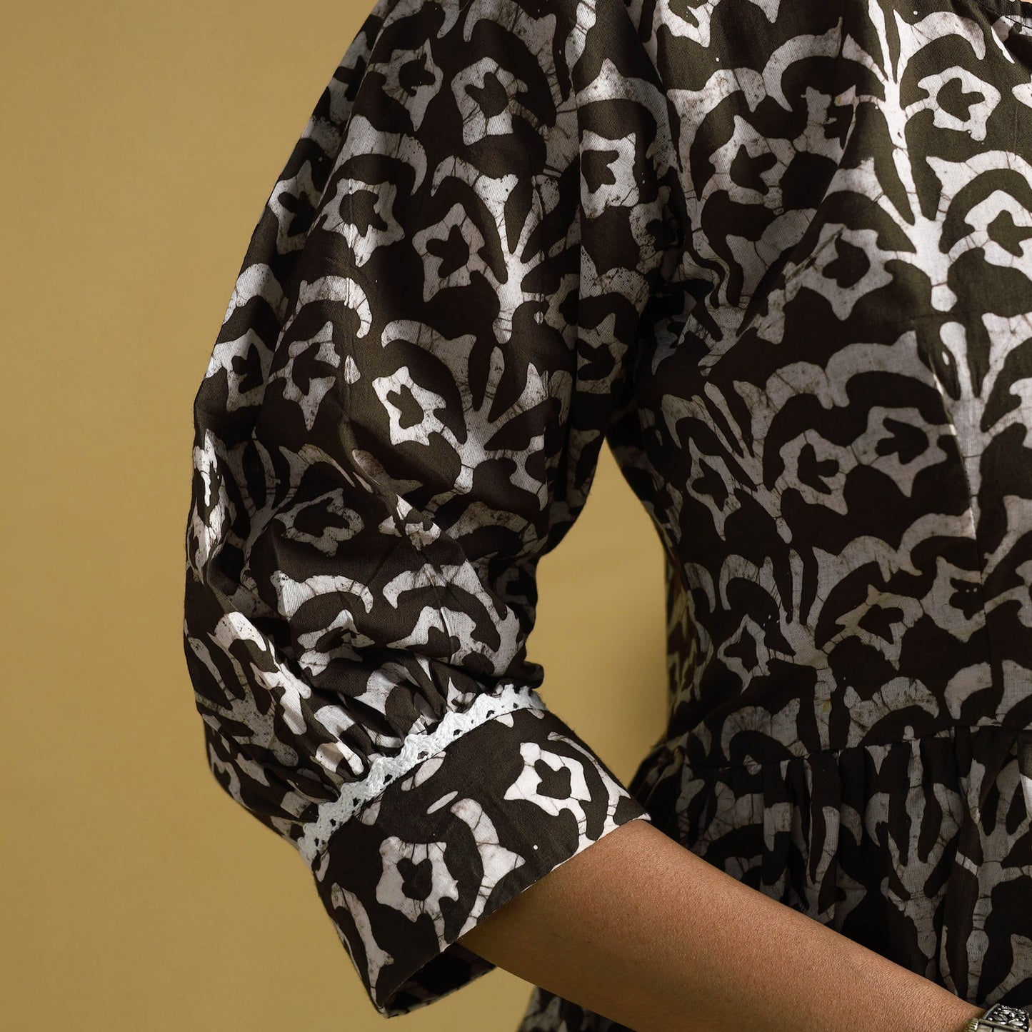 Brown Cotton Flared Hand Batik Print Dress