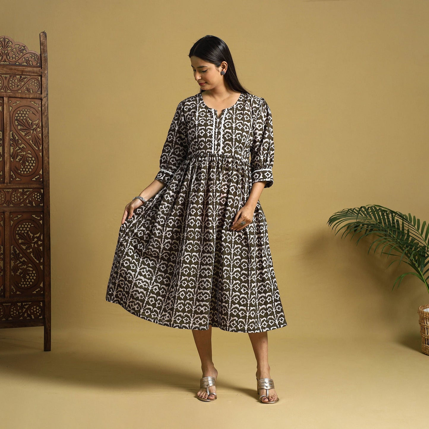 Brown Cotton Flared Hand Batik Print Dress