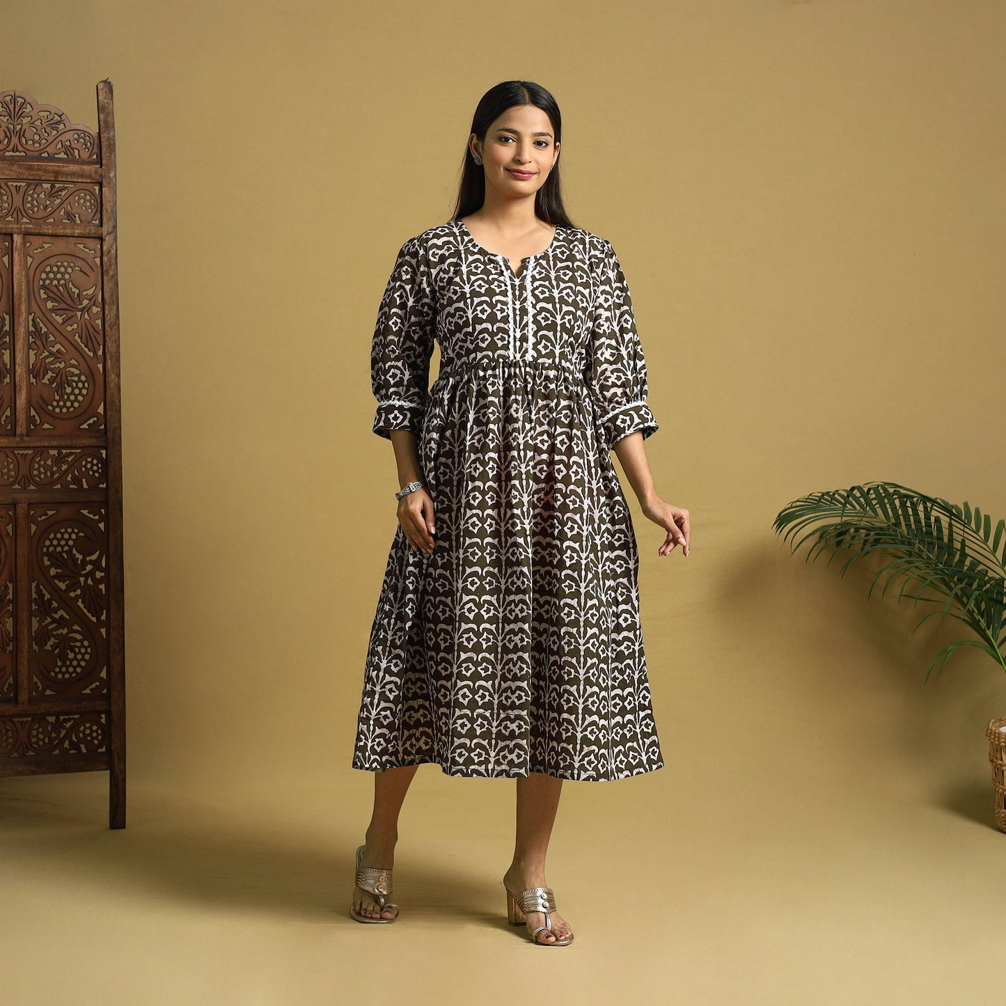 Brown Cotton Flared Hand Batik Print Dress