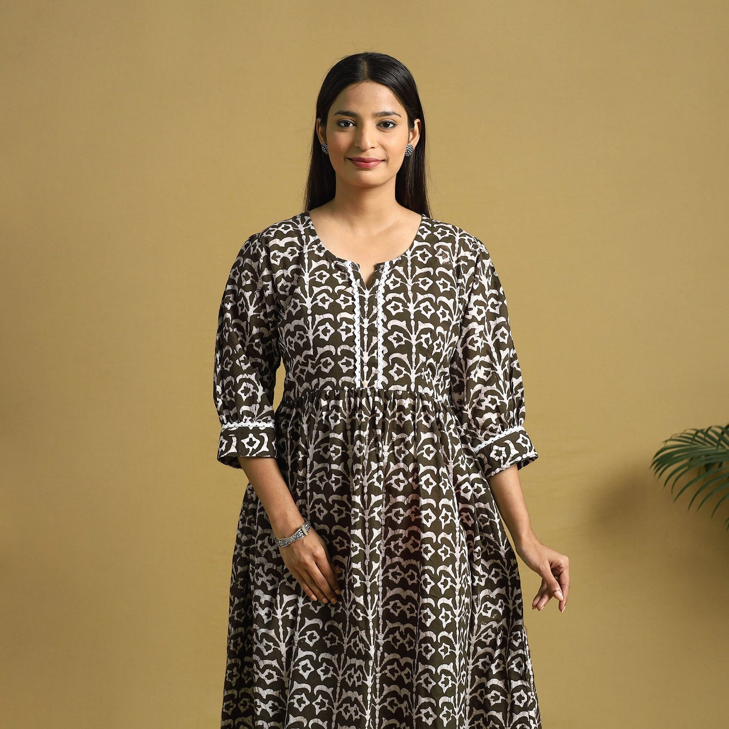Brown Cotton Flared Hand Batik Print Dress