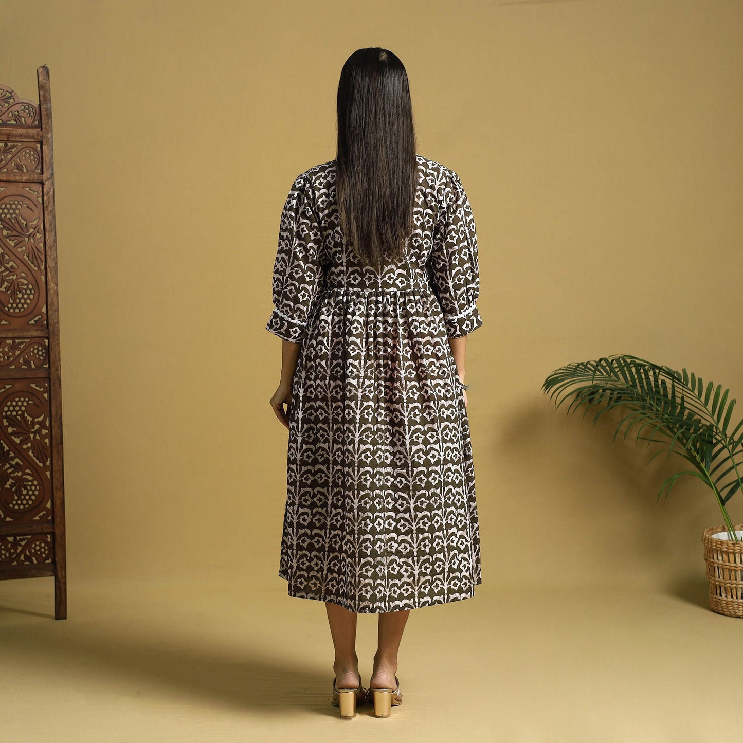 Brown Cotton Flared Hand Batik Print Dress