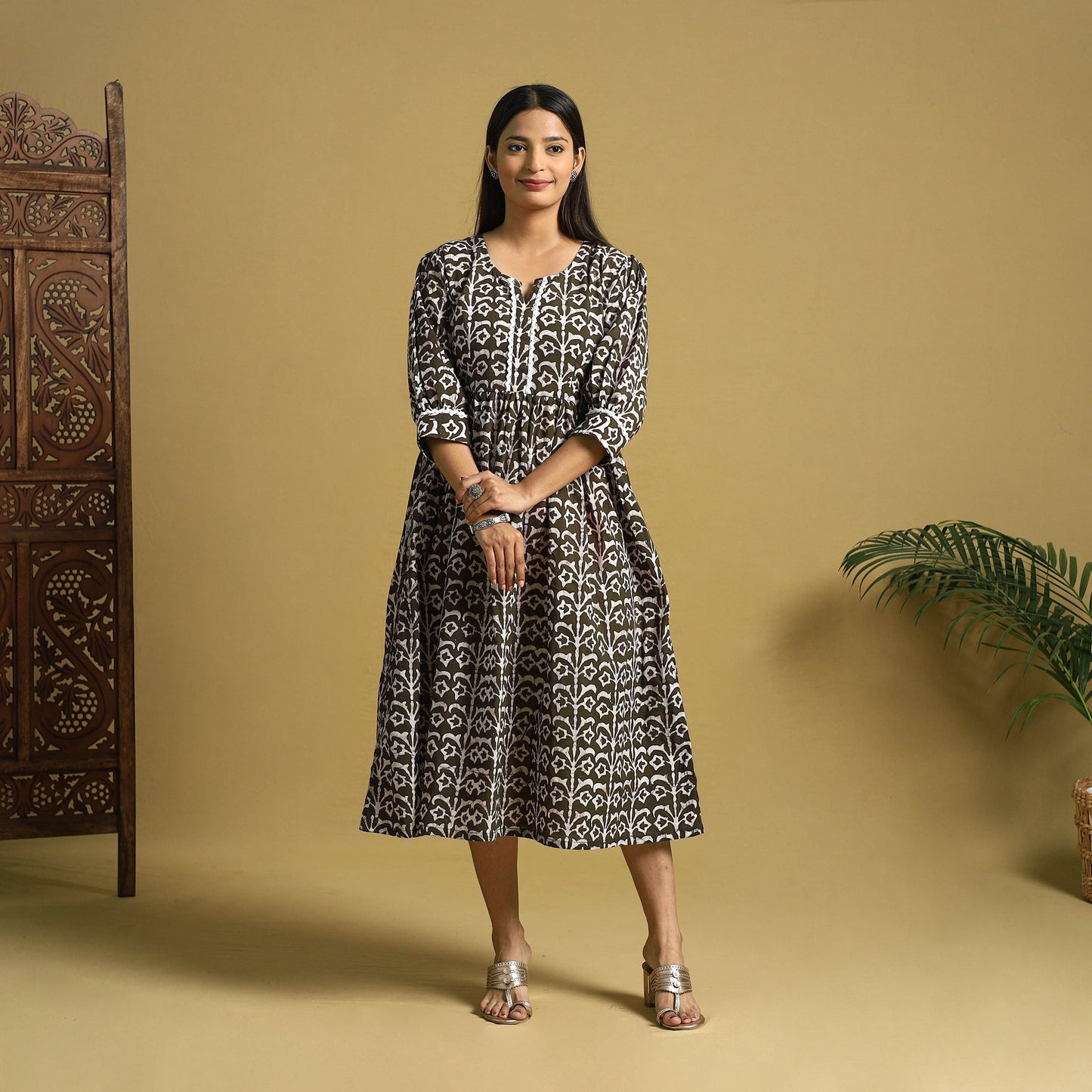 Brown Cotton Flared Hand Batik Print Dress