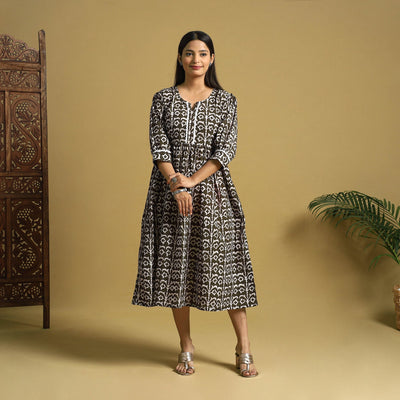 Brown Cotton Flared Hand Batik Print Dress