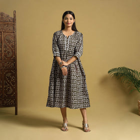 Brown Cotton Flared Hand Batik Print Dress