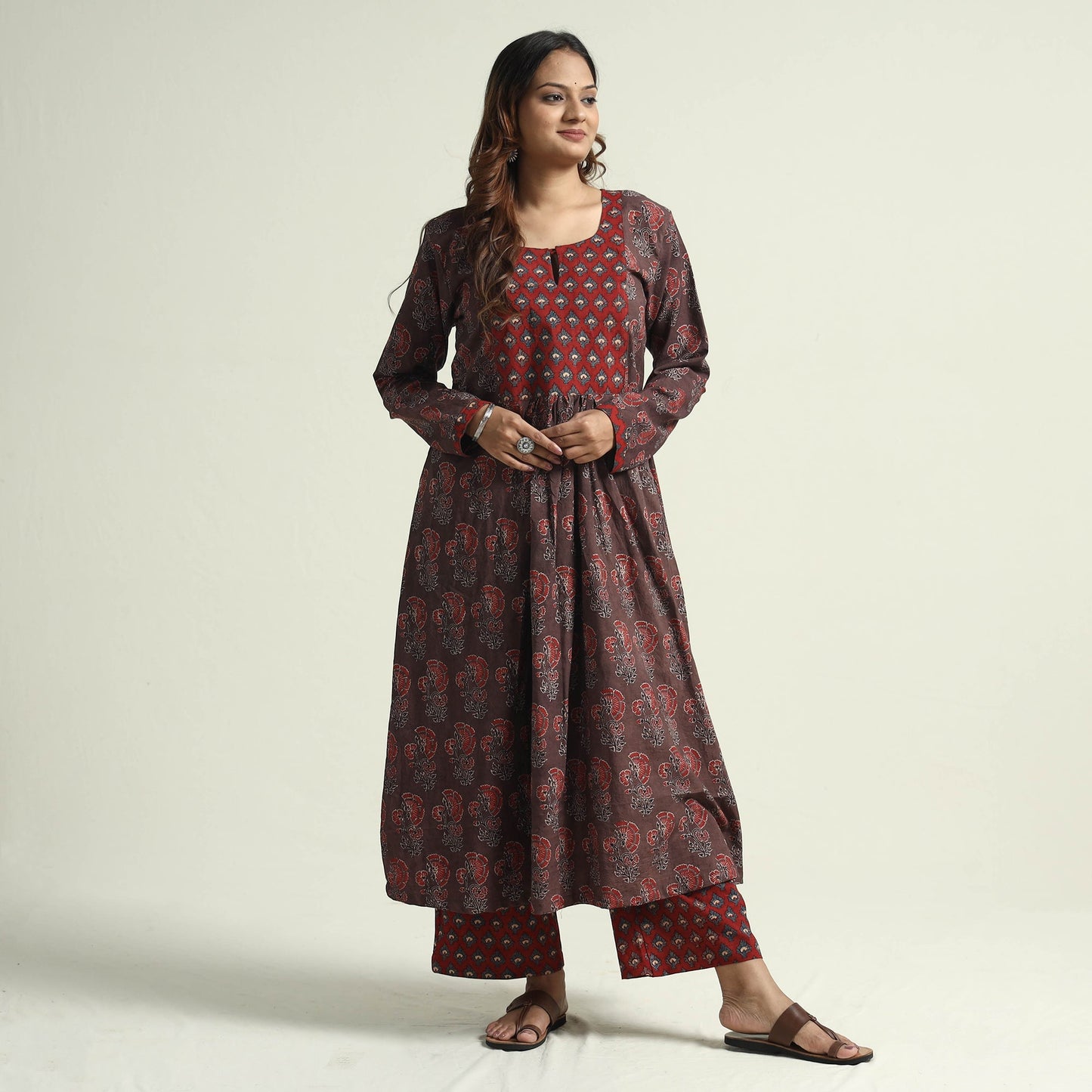 Block Print Cotton Flared Ajrakh Kurta with Palazzo Set