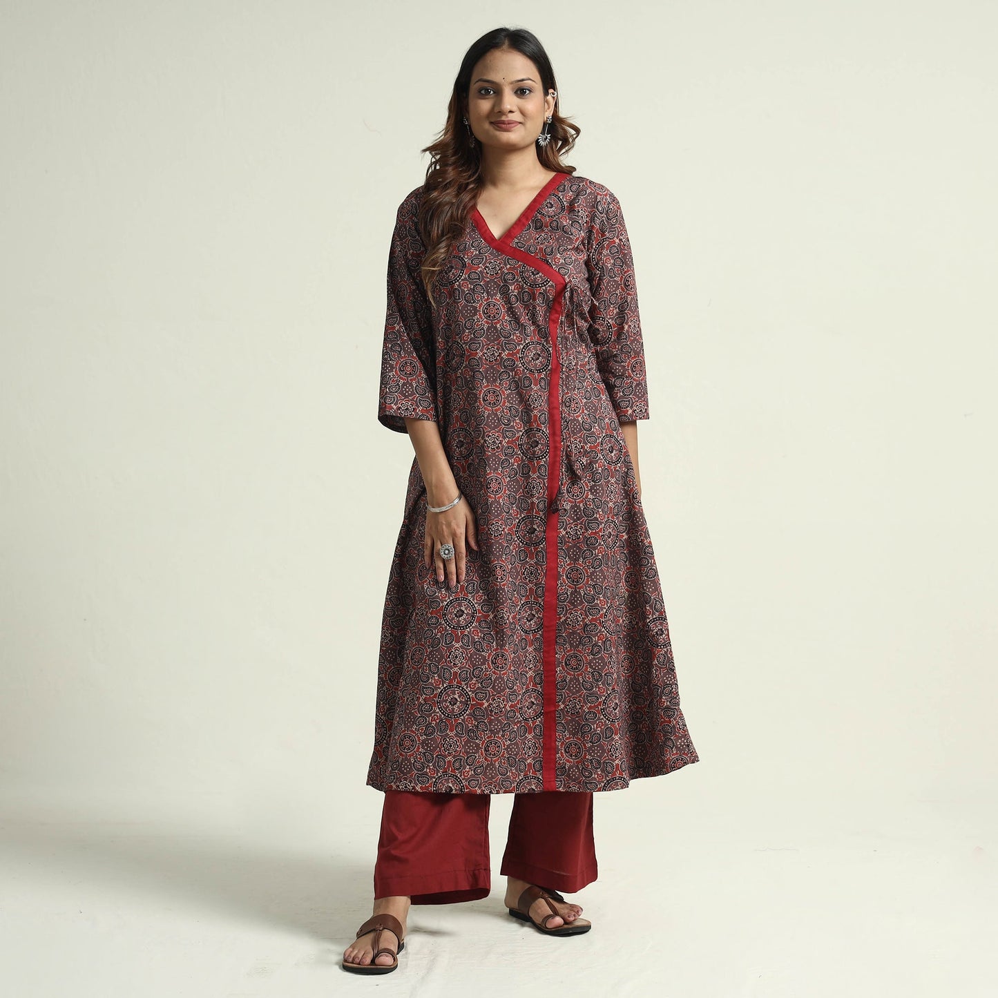 Buy Block Print Cotton Flared Ajrakh Kurta with Palazzo Set
