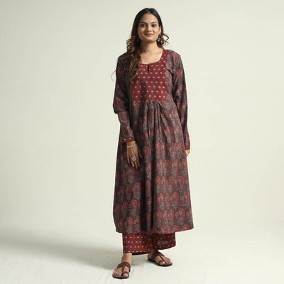  Block Print Cotton Flared Ajrakh Kurta with Palazzo Set