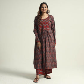  Block Print Cotton Flared Ajrakh Kurta with Palazzo Set