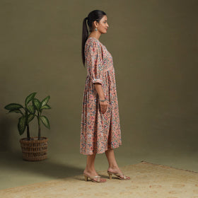 Brown Block Print Cotton Flared Sanganeri Dress