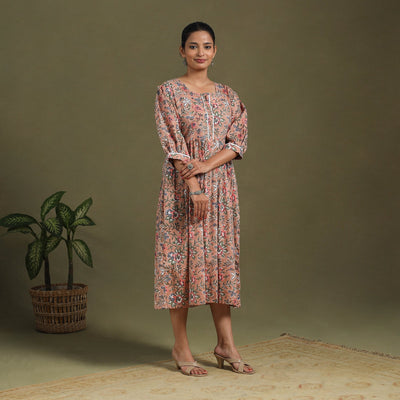 Brown Block Print Cotton Flared Sanganeri Dress