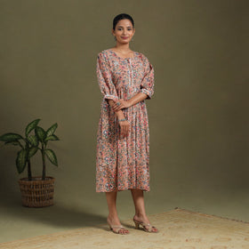 Brown Block Print Cotton Flared Sanganeri Dress
