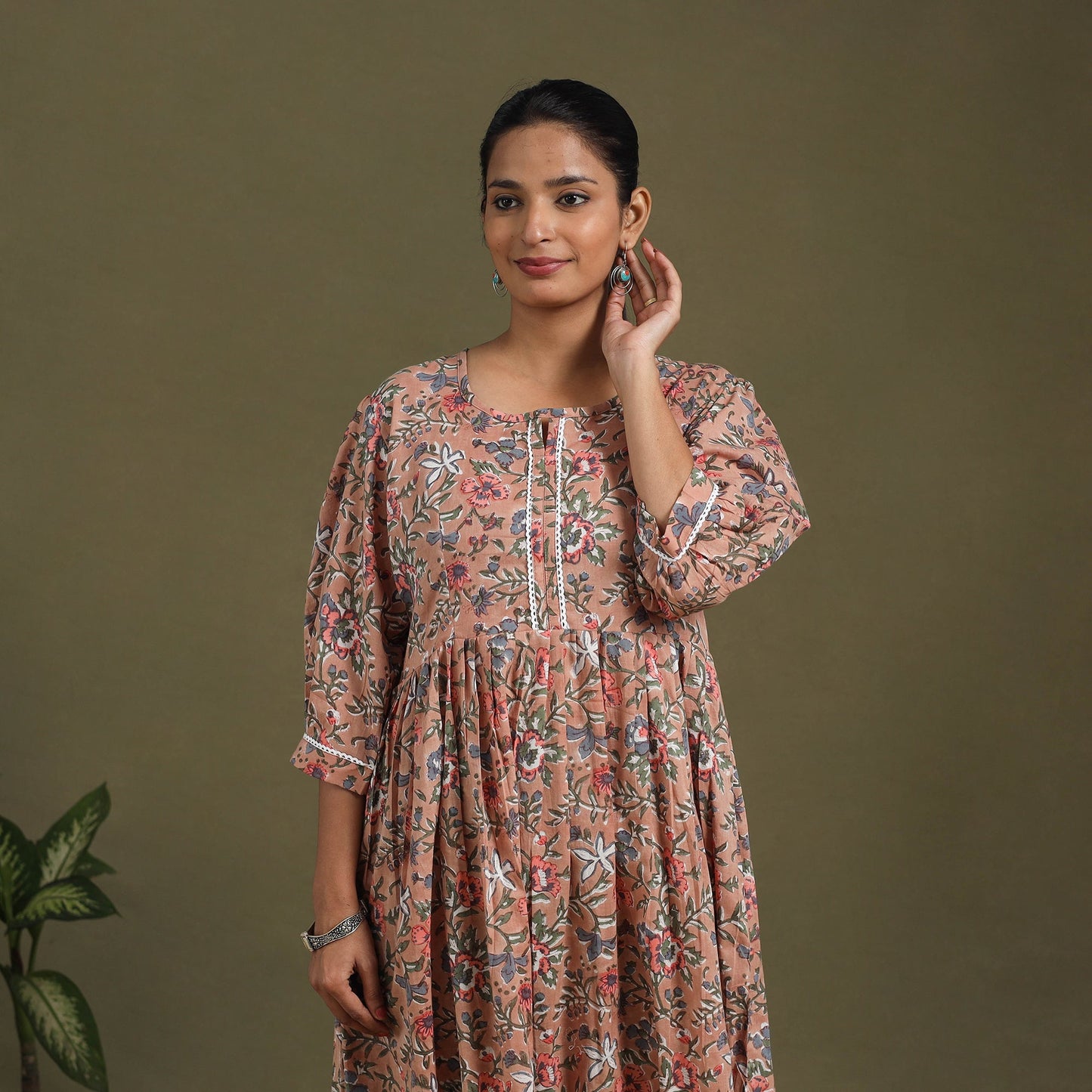 Brown Block Print Cotton Flared Sanganeri Dress