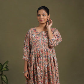 Brown Block Print Cotton Flared Sanganeri Dress
