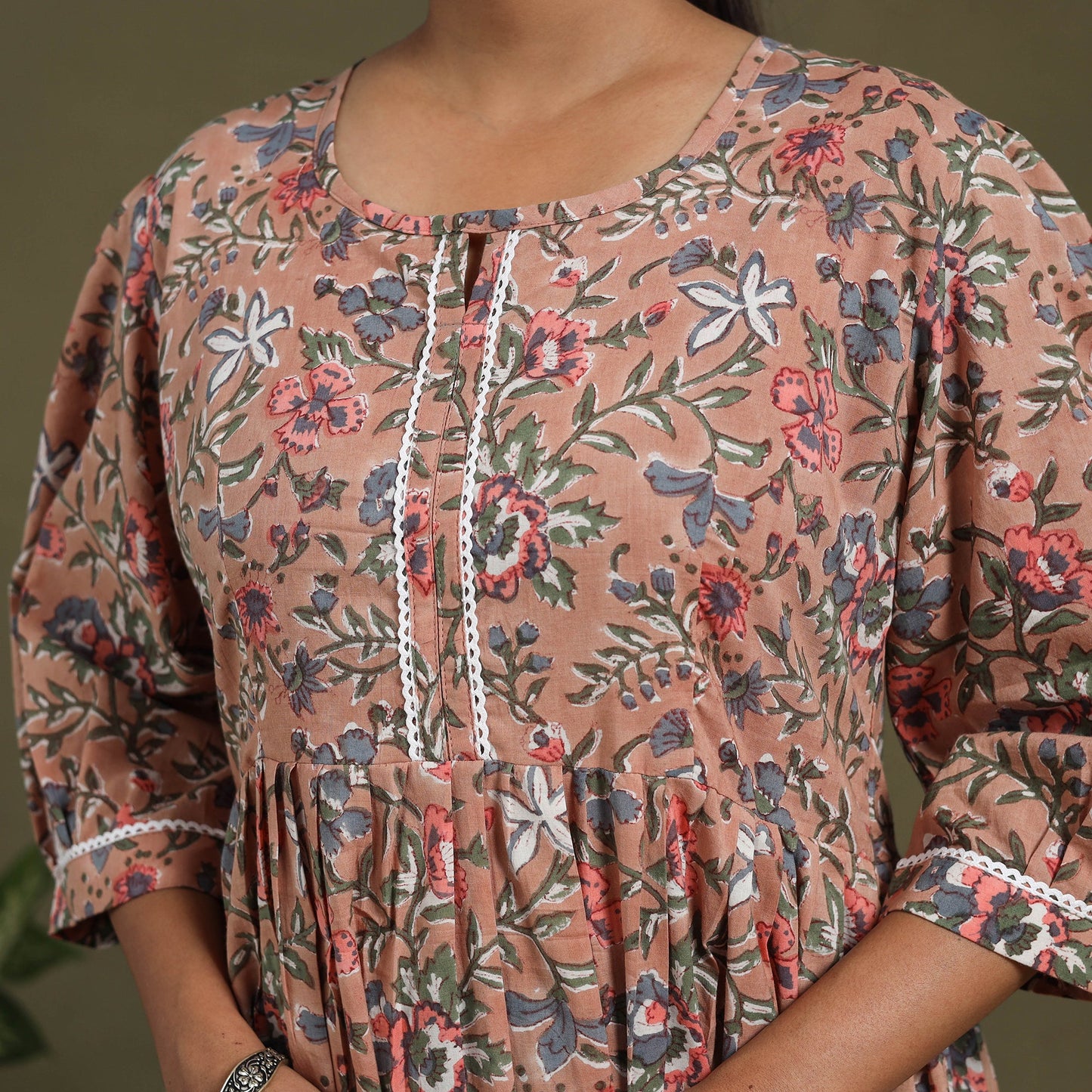 Brown Block Print Cotton Flared Sanganeri Dress