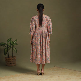 Brown Block Print Cotton Flared Sanganeri Dress