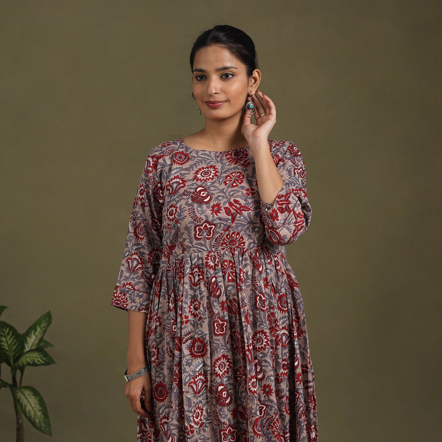 Brown Block Print Cotton Flared Sanganeri Dress