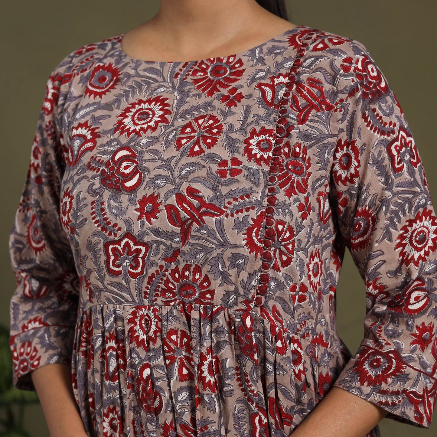 Brown Block Print Cotton Flared Sanganeri Dress