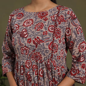 Brown Block Print Cotton Flared Sanganeri Dress