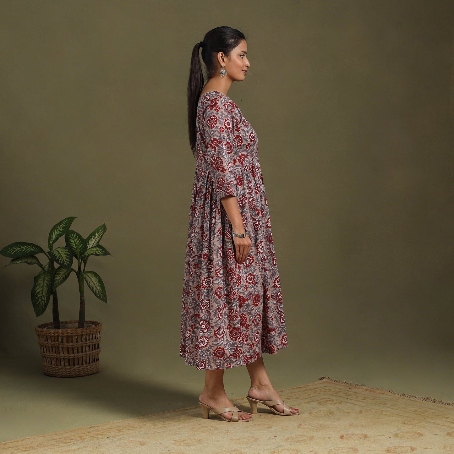 Brown Block Print Cotton Flared Sanganeri Dress