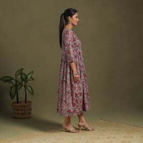 Brown Block Print Cotton Flared Sanganeri Dress
