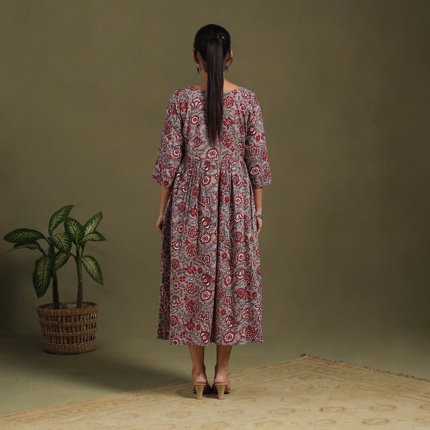 Brown Block Print Cotton Flared Sanganeri Dress