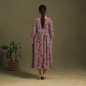 Brown Block Print Cotton Flared Sanganeri Dress