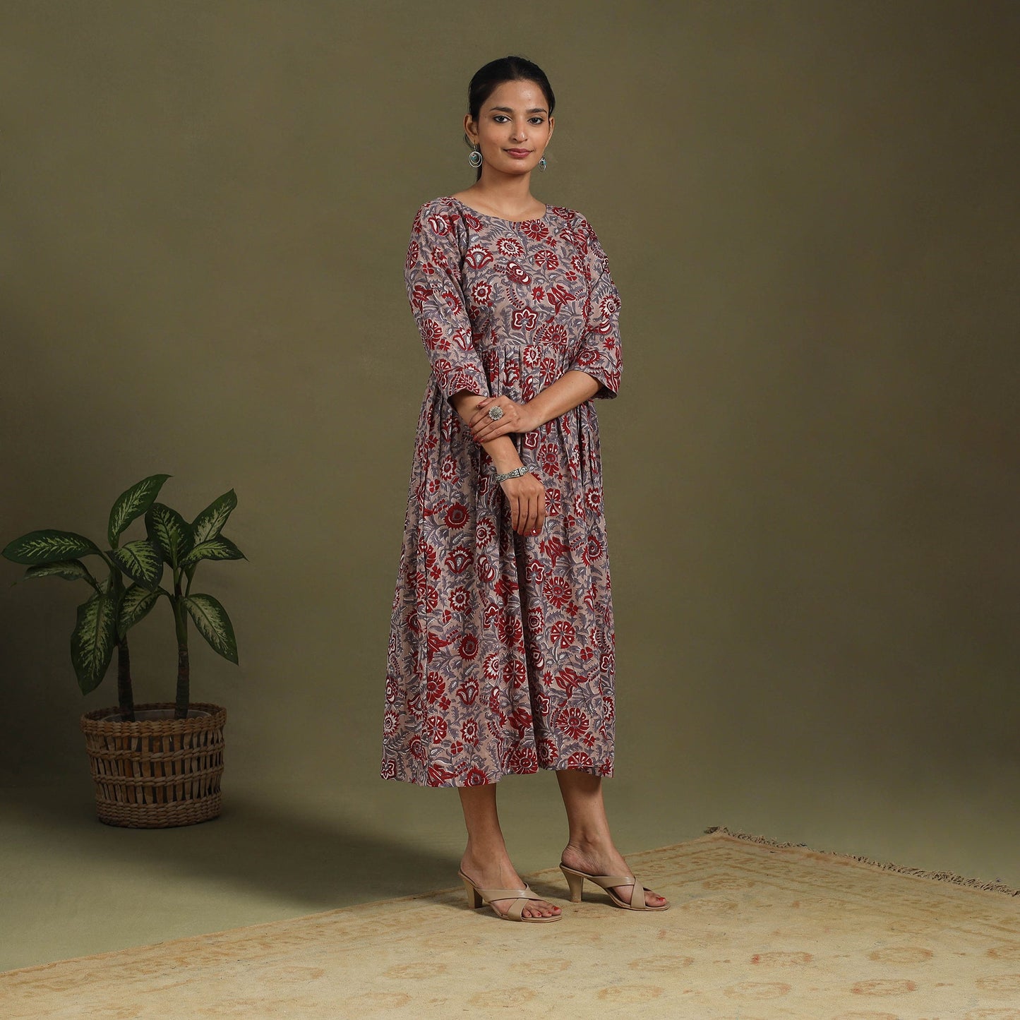 Brown Block Print Cotton Flared Sanganeri Dress