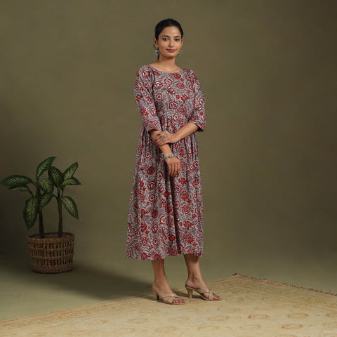 Brown Block Print Cotton Flared Sanganeri Dress