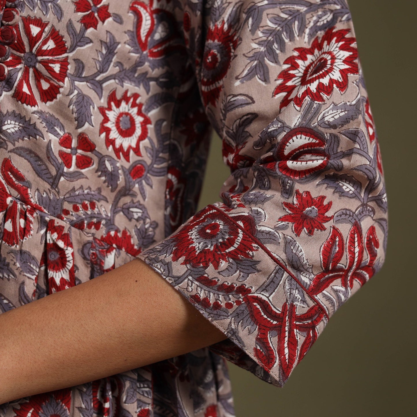Brown Block Print Cotton Flared Sanganeri Dress