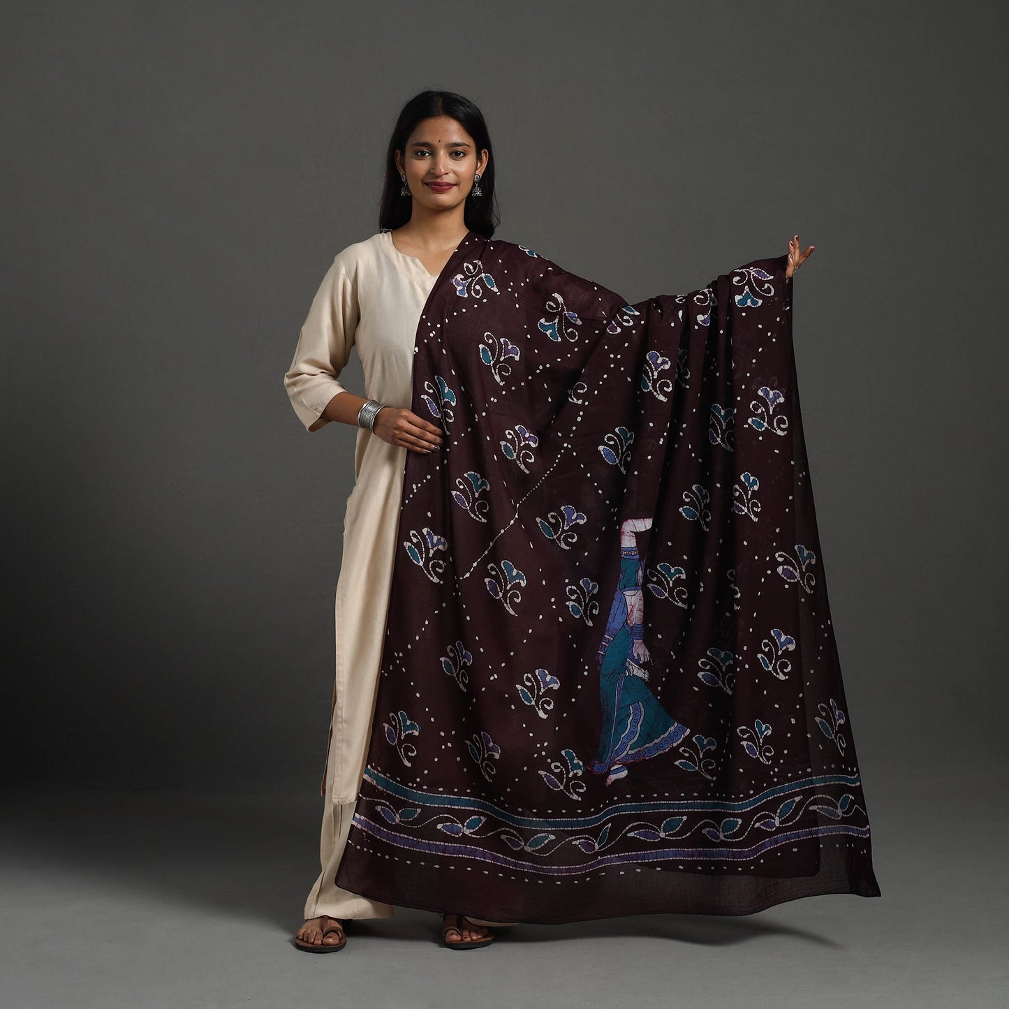 Brown - cotton hand batik dupatta 28 - handcrafted