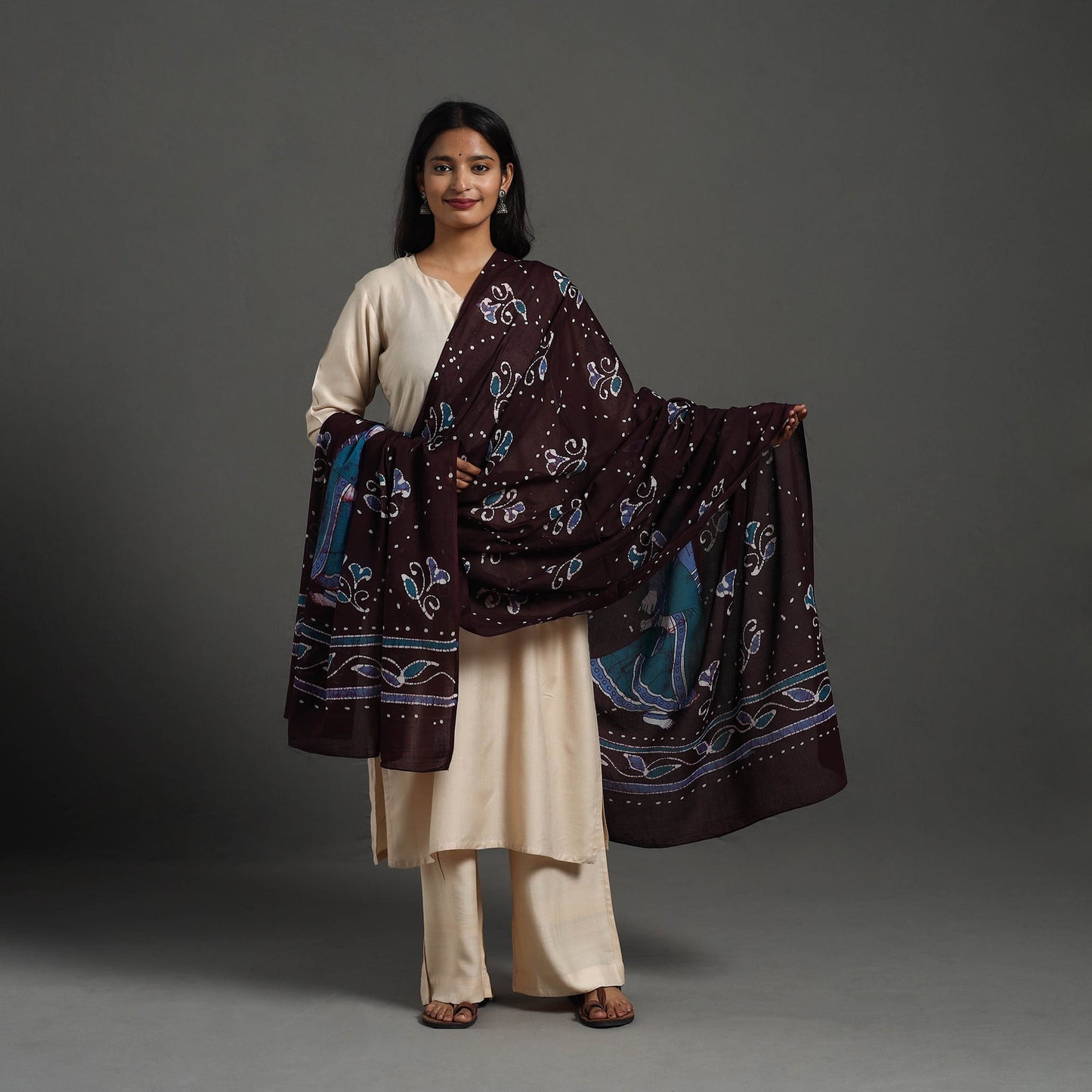Brown - cotton hand batik dupatta 28 - handcrafted