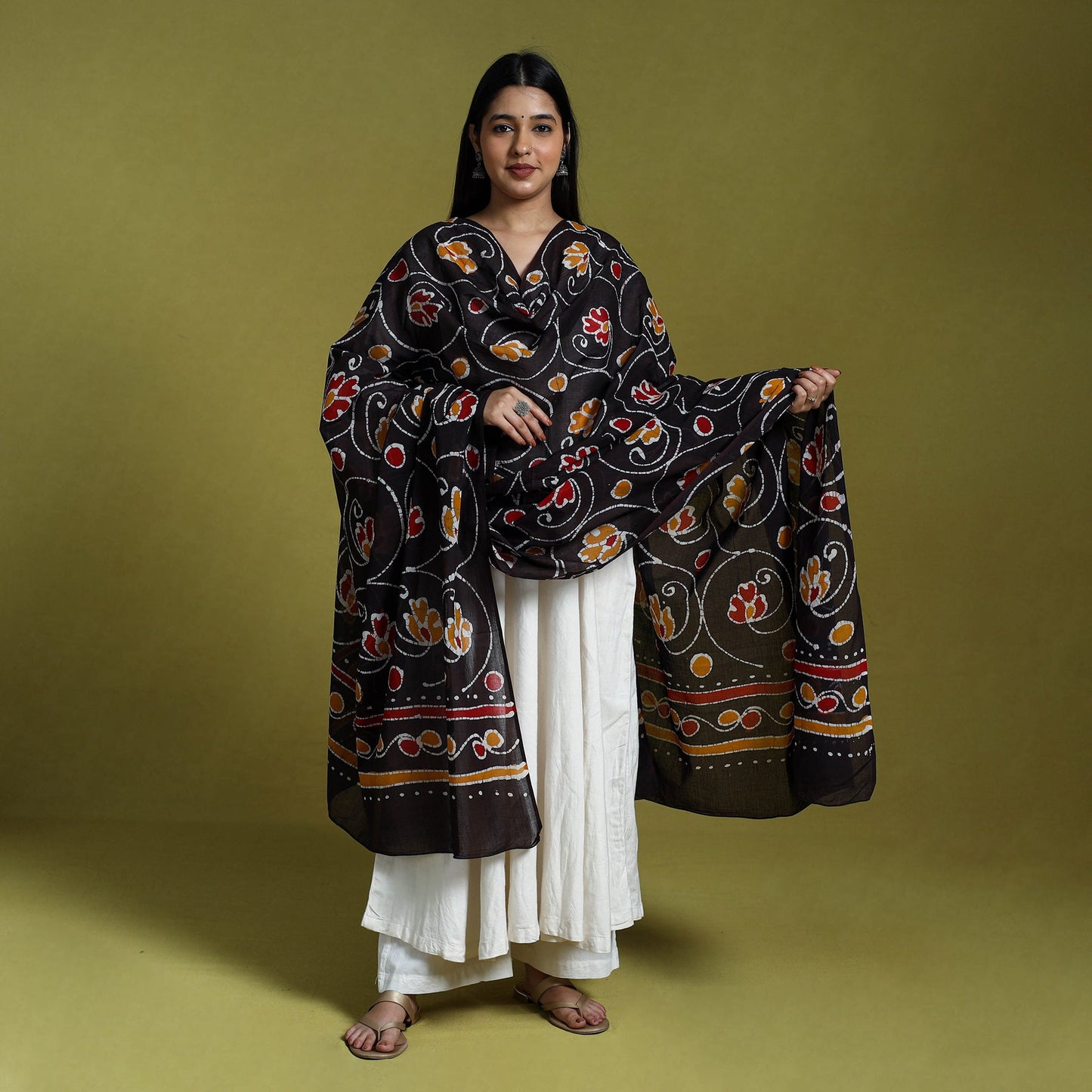 Brown - cotton hand batik dupatta 39 - handcrafted