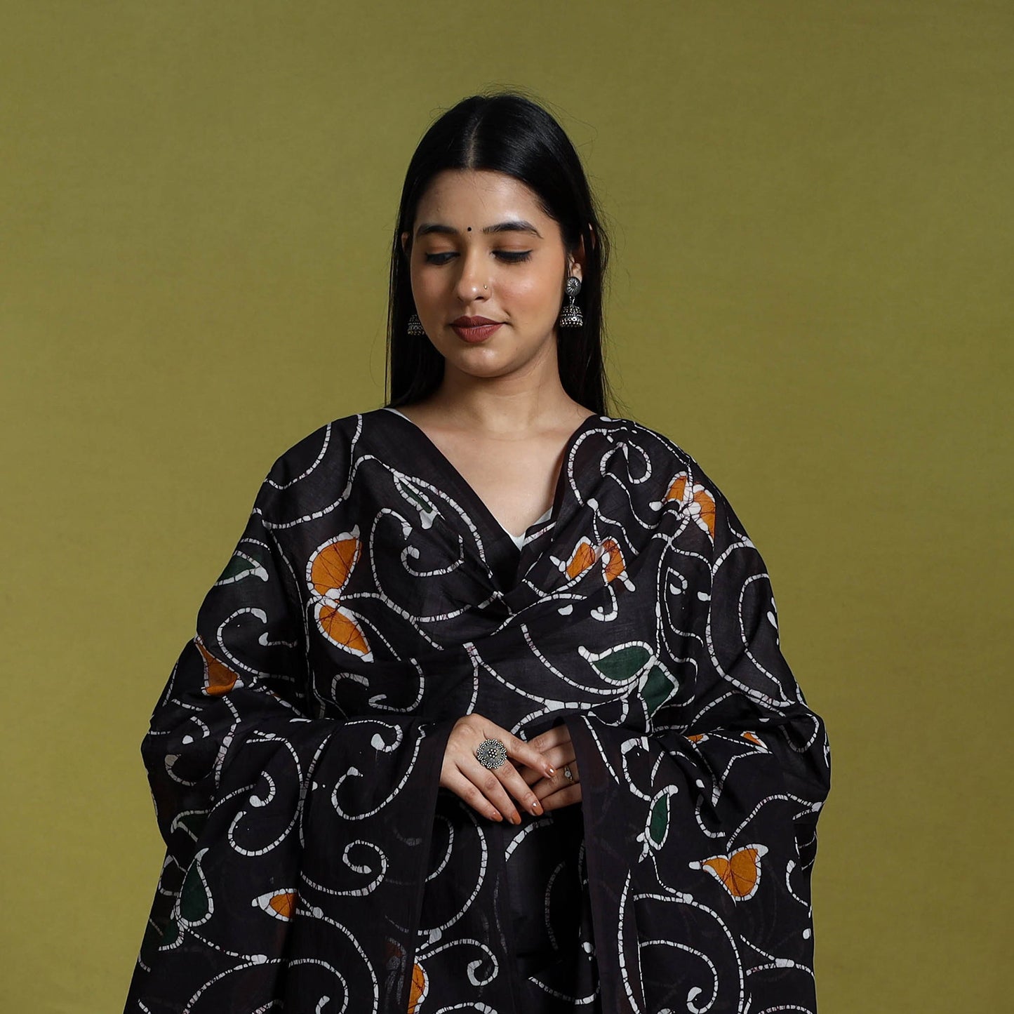 Brown - cotton hand batik dupatta 41 - handcrafted