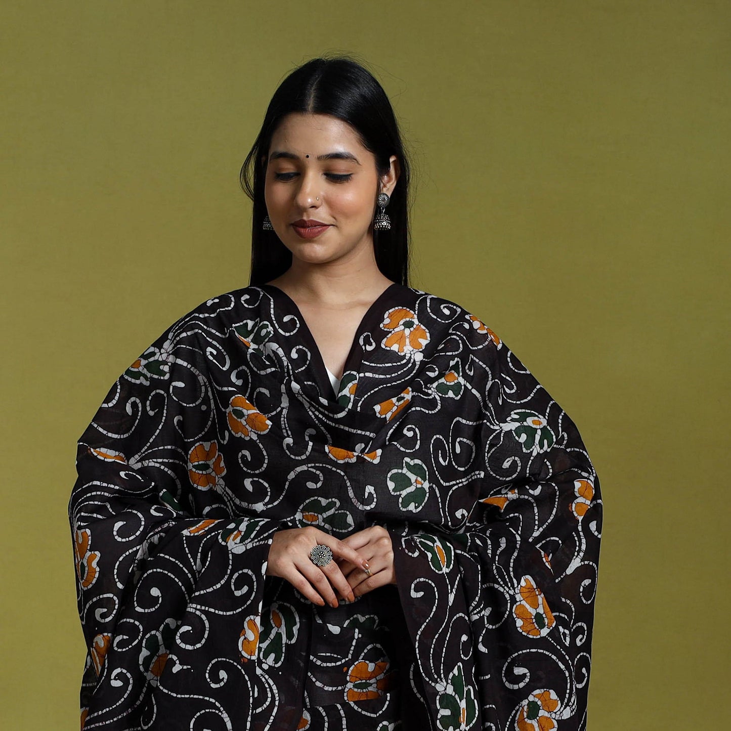 Brown - cotton hand batik dupatta 42 - handcrafted