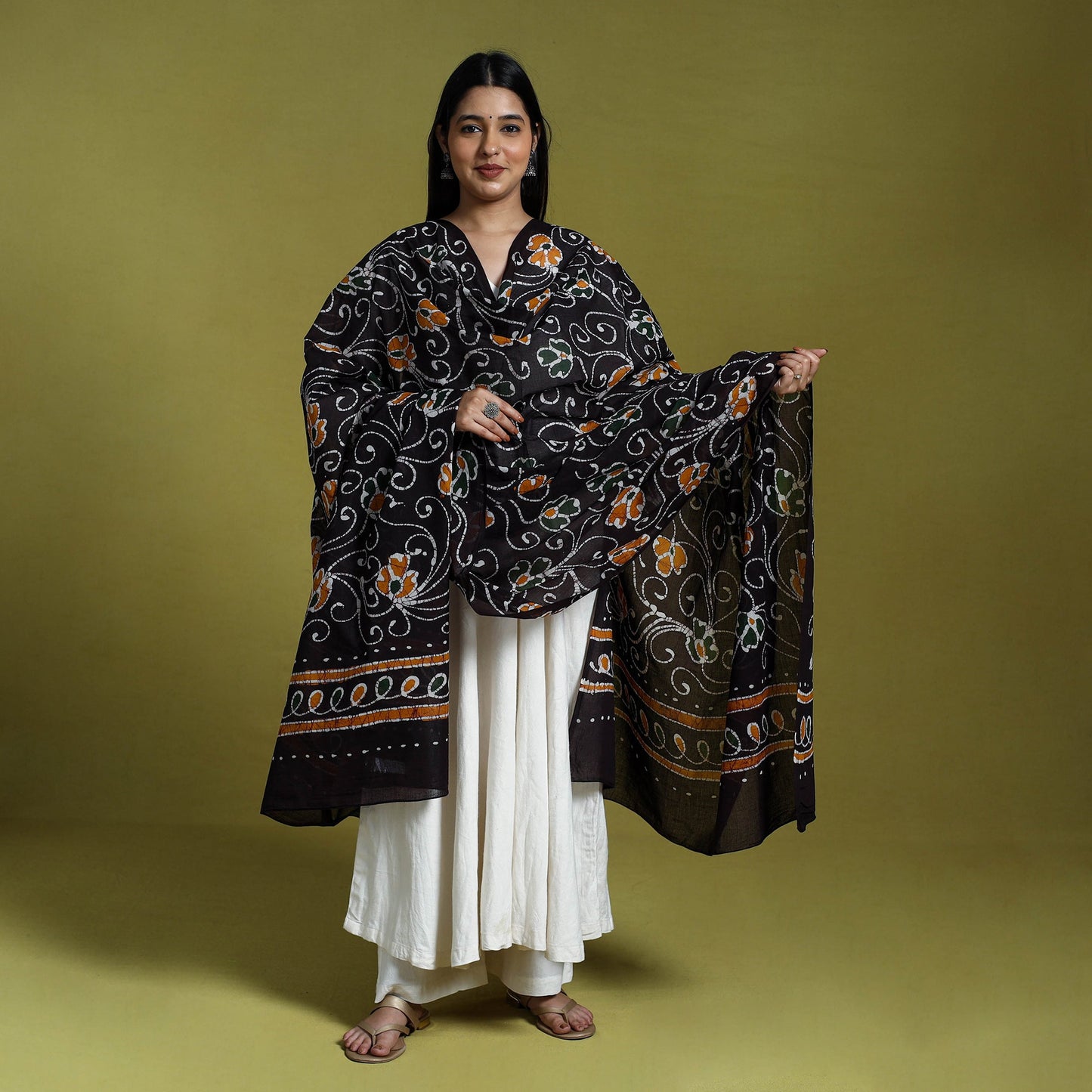 Brown - cotton hand batik dupatta 42 - handcrafted