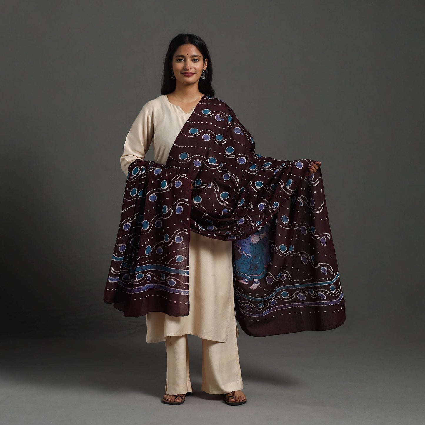  Cotton Brown Hand Batik Print Dupatta