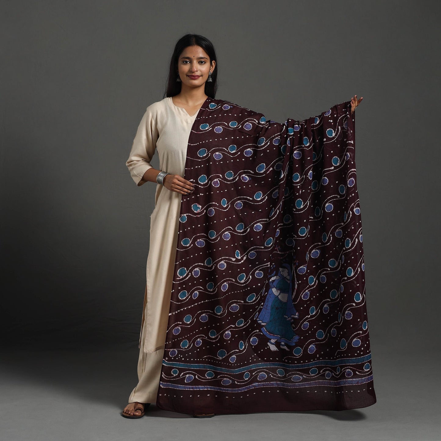  Cotton Brown Hand Batik Print Dupatta