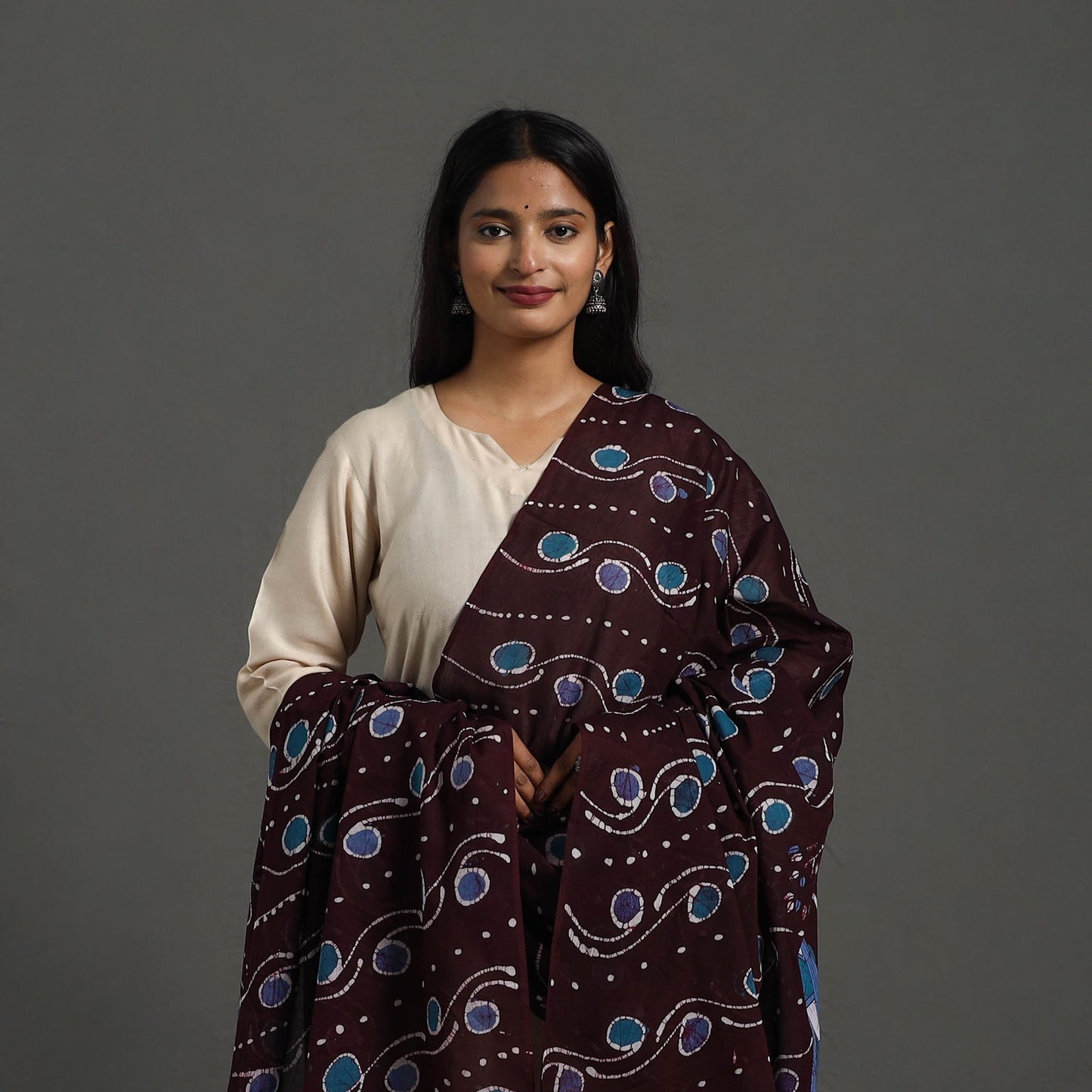  Cotton Brown Hand Batik Print Dupatta
