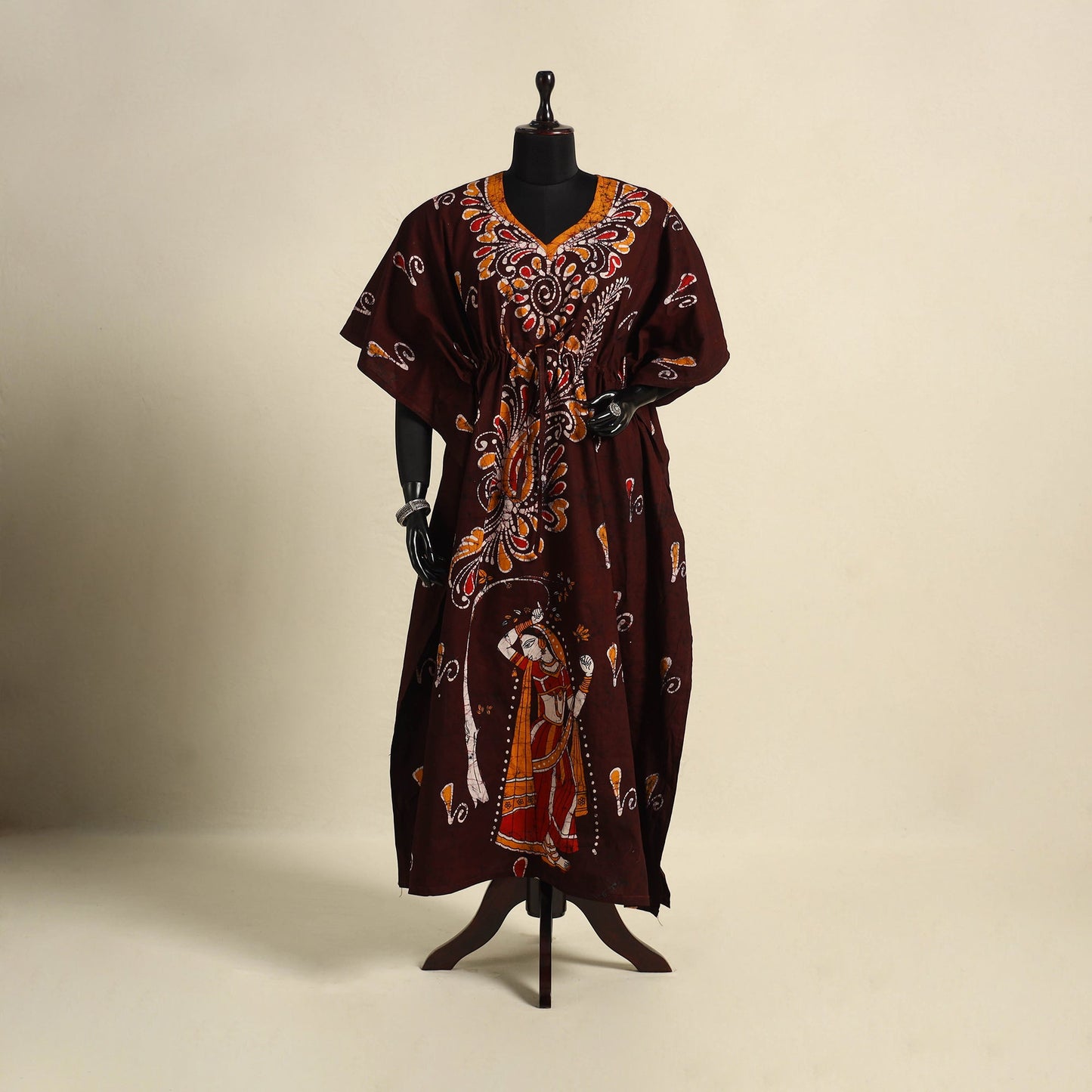 Brown - cotton hand batik kaftan with tie-up waist (long)