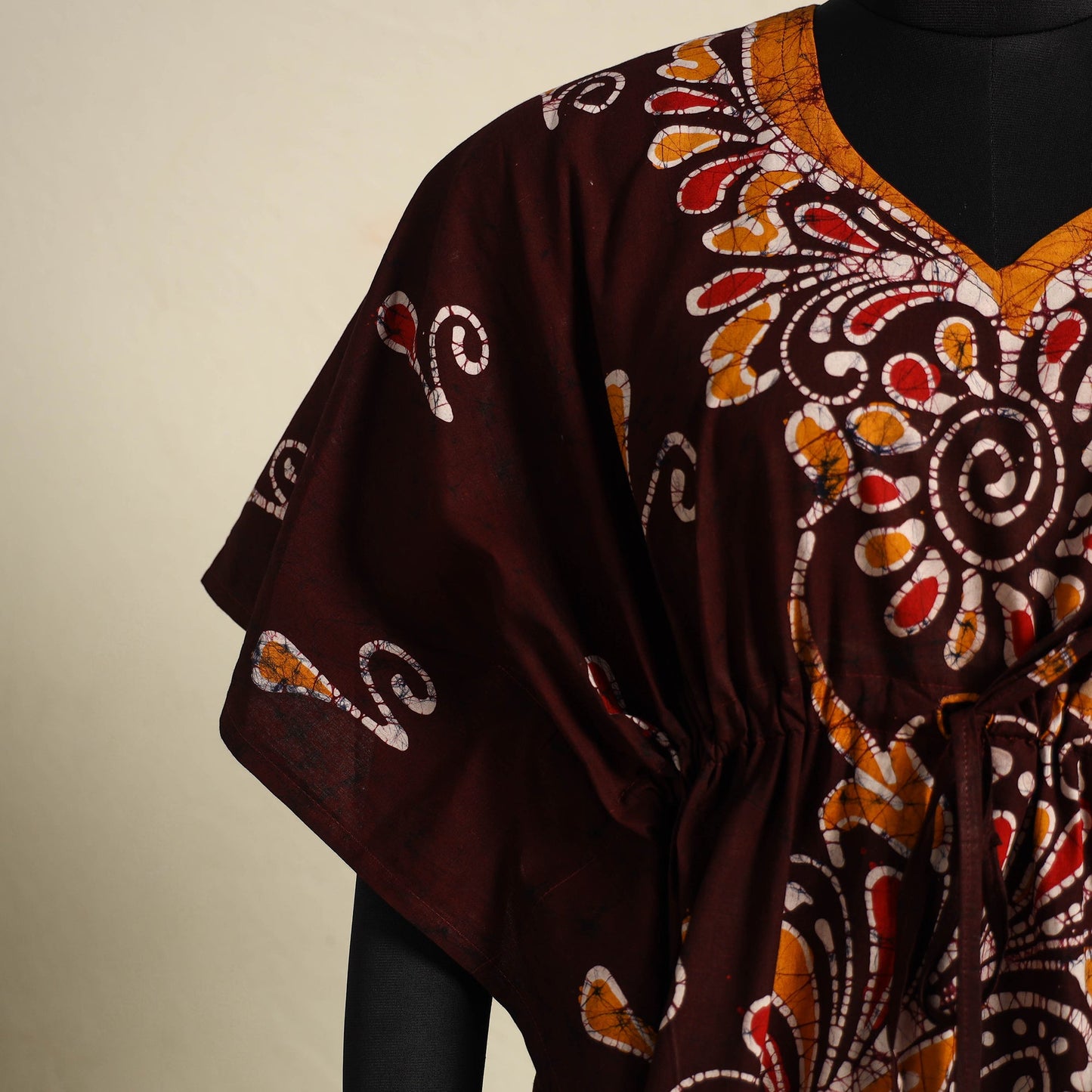 Brown - cotton hand batik kaftan with tie-up waist (long)